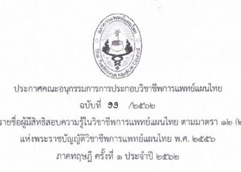 ประกาศฉบับที่ 11 /2562 เรื่อง รายชื่อผู้มีสิทธิสอบความรู้ในวิชาชีพการแพทย์แผนไทย ตามมาตรา 12 (2) (ก) แห่งพระราชบัญญัติวิชาชีพการแพทย์แผนไทย พ.ศ. 2556 ภาคทฤษฎี ครั้งที่ 1 ประจำปี 2562