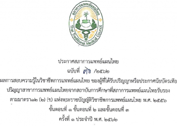 ประกาศสภาการแพทย์แผนไทย ฉบับที่ 36/2562 เรื่องผลการสอบความรู้ในวิชาชีพการแพทย์แผนไทย ตามมาตรา 12 (2) (ข) แห่งพระราชบัญญัติวิชาชีพ การแพทย์แผนไทย พ.ศ. 2556 ขั้นตอนที่ 1 ขั้นตอนที่ 2 ขั้นตอนที่ 3 ครั้งที่ 1 ประจำปี พ.ศ. 2562