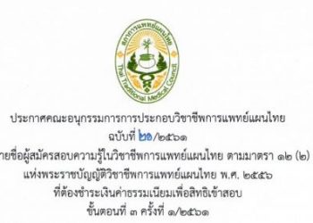ประกาศฉบับที่ 21/2561 รื่อง รายชื่อผู้สมัครสอบความรู้ในวิชาชีพการแพทย์แผนไทย ตามมาตรา 12(2)(ข) แพ่งพระราชบัญญัติวิชาชีพการแพทย์แผนไทย พ.ศ. 2556 ที่ต้องชำระเงินค่าธรรมเนียมเพื่อสิทธิเข้าสอบขั้นตอนที่ 3 ครั้งที่ 1/2561