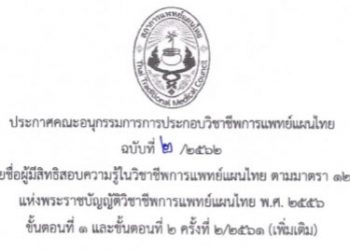 ประกาศฉบับที่ 2/2562 เรื่อง รายชื่อผู้มีสิทธิสอบความรู้ในวิชาชีพการแพทย์แผนไทย ตามมาตรา 12 (2) (ข) แห่งพระราชบัญญัติวิชาชีพการแพทย์แผนไทย พ.ศ. 2556 ขั้นตอนที่ 1 เเละขั้นตอนที่ 2 ครั้งที่ 2/2561 (เพิ่มเติม)