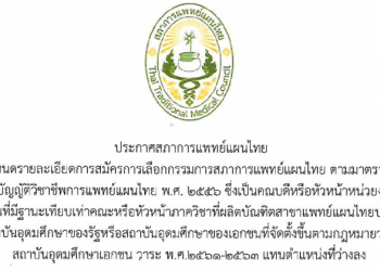 ประกาศสภาการแพทย์แผนไทย เรื่อง กำหนดรายละเอียดการสมัครการเลือกกรรมการสภาการแพทย์แผนไทย ตามมาตรา 15 (2)