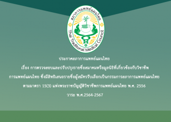 ประกาศสภาการแพทย์แผนไทย เรื่อง การตรวจสอบและปรับปรุงรายชื่อสมาคมหรือมูลนิธิที่เกี่ยวข้องกับวิชาชีพการแพทย์แผนไทย ซึ่งมีสิทธิเสนอรายชื่อผู้สมัครรับเลือกเป็นกรรมการสภาการแพทย์แผนไทย ตามมาตรา 15(3) แห่งพระราชบัญญัติวิชาชีพการแพทย์แผนไทย พ.ศ. 2556 วาระ พ.ศ.2564-2567