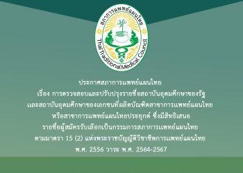 ประกาศสภาการเเพทย์แผนไทย เรื่อง การตรวจสอบและปรับปรุงรายชื่อสถาบันอุดมศึกษาของรัฐเเละสถาบันอุดมศึกษาของเอกชนที่ผลิตบัณฑิตสาขาการเเพทย์แผนไทย หรือสาขาการเเพทย์แผนไทยประยุกต์ ซึ่งมีสิทธิเสนอรายชื่อผู้สมัครรับเลือกเป็นกรรมการสภาการเเพทย์แผนไทย ตามมาตรา 15 (2) แห่งพระราชบัญญัติวิชาชีพการเเพทย์แผนไทย พ.ศ. 2556 วาระ พ.ศ. 2564-2567