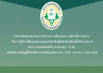 ประกาศคณะอนุกรรมการอำนวยการเลือกและการเลือกตั้งกรรมการ เรื่อง บัญชีรายชื่อและหมายเลขประจำตัวผู้สมัครรับเลือกตั้งเป็นกรรมการสภาการแพทย์แผนไทย ตามมาตรา 15 (4) แห่งพระราชบัญญัติวิชาชีพการแพทย์แผนไทย พ.ศ. 2556 วาระ พ.ศ. 2565-2568