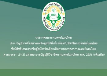 ประกาศสภาการแพทย์แผนไทย เรื่อง บัญชีรายชื่อสมาคมหรือมูลนิธิที่เกี่ยวข้องกับวิชาชีพการแพทย์แผนไทย ซึ่งมีสิทธิเสนอรายชื่อผู้สมัครรับเลือกเป็นกรรมการสภาการแพทย์แผนไทย ตามมาตรา 15 (3) แห่งพระราชบัญญัติวิชาชีพการแพทย์แผนไทย พ.ศ. 2556 (เพิ่มเติม)