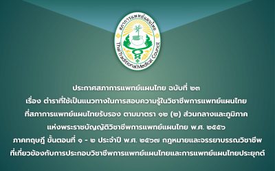 ประกาศสภาการแพทย์แผนไทย ฉบับที่ ๒๓  เรื่อง ตำราที่ใช้เป็นแนวทางในการสอบความรู้ในวิชาชีพการแพทย์แผนไทย  ที่สภาการแพทย์แผนไทยรับรอง ตามมาตรา ๑๒ (๒) ส่วนกลางและภูมิภาค  แห่งพระราชบัญญัติวิชาชีพการแพทย์แผนไทย พ.ศ. ๒๕๕๖  ภาคทฤษฎี ขั้นตอนที่ ๑ – ๒ ประจำปี พ.ศ. ๒๕๖๗ กฎหมายและจรรยาบรรณวิชาชีพ ที่เกี่ยวข้องกับการประกอบวิชาชีพการแพทย์แผนไทยและการแพทย์แผนไทยประยุกต์