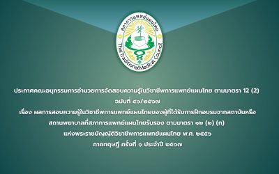 ประกาศคณะอนุกรรมการอำนวยการจัดสอบความรู้ในวิชาชีพการแพทย์แผนไทย ตามมาตรา 12 (2)  ฉบับที่ ๔๖/๒๕๖๗ เรื่อง ผลการสอบความรู้ในวิชาชีพการแพทย์แผนไทยของผู้ที่ได้รับการฝึกอบรมจากสถาบันหรือ สถานพยาบาลที่สภาการแพทย์แผนไทยรับรอง ตามมาตรา ๑๒ (๒) (ก)  แห่งพระราชบัญญัติวิชาชีพการแพทย์แผนไทย พ.ศ. ๒๕๕๖ ภาคทฤษฎี ครั้งที่ ๑ ประจำปี ๒๕๖๗