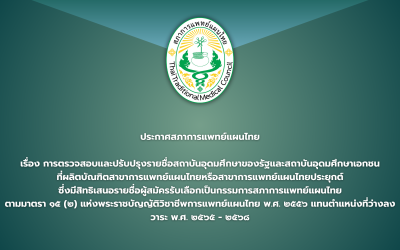 ประกาศสภาการแพทย์แผนไทย เรื่อง การตรวจสอบและปรับปรุงรายชื่อสถาบันอุดมศึกษาของรัฐและสถาบันอุดมศึกษาเอกชนที่ผลิตบัณฑิตสาขาการแพทย์แผนไทยหรือสาขาการแพทย์แผนไทยประยุกต์ซึ่งมีสิทธิเสนอรายชื่อผู้สมัครรับเลือกเป็นกรรมการสภาการแพทย์แผนไทยตามมาตรา ๑๕ (๒) แห่งพระราชบัญัติวิชาชีพการแพทย์แผนไทย พ.ศ.๒๕๕๖ แทนตำแหน่งที่ว่างลง วาระ พ.ศ.๒๕๖๕-๒๕๖๘