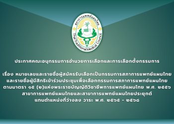 ประกาศคณะอนุกรรมการอำนวยการเลือกและการเลือกตั้งกรรมการ เรื่อง หมายเลขและรายชื่อผู้สมัครรับเลือกเป็นกรรมการสภาการแพทย์แผนไทย และรายชื่อผู้มีสิทธิเข้าร่วมประชุมเพื่อเลือกกรรมการสภาการแพทย์แผนไทย ตามมาตรา ๑๕ (๒)แห่งพระราชบัญญัติวิชาชีพการแพทย์แผนไทย พ.ศ. ๒๕๕๖ สาขาการแพทย์แผนไทยและสาขาการแพทย์แผนไทยประยุกต์ แทนตำแหน่งที่ว่างลง วาระ พ.ศ. ๒๕๖๕ – ๒๕๖๘