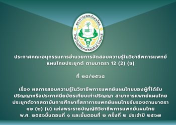 ประกาศคณะอนุกรรมการอำนวยการจัดสอบความรู้ในวิชาชีพการแพทย์แผนไทยประยุกต์ ตามมาตรา ๑๒ (๒) (ข) ที่ ๒๘/๒๕๖๘ เรื่อง ผลการสอบความรู้ในวิชาชีพการแพทย์แผนไทยของผู้ที่ได้รับปริญญาหรือประกาศนียบัตรเทียบเท่าปริญญา สาขาการแพทย์แผนไทยประยุกต์จากสถาบันการศึกษาที่สภาการแพทย์แผนไทยรับรอง ตามมาตรา ๑๒ (๒) (ข) แห่งพระราชบัญญัติวิชาชีพการแพทย์แผนไทย พ.ศ. ๒๕๕๖ ขั้นตอนที่ ๑ – ๒ ครั้งที่ ๒ ประจำปี ๒๕๖๗