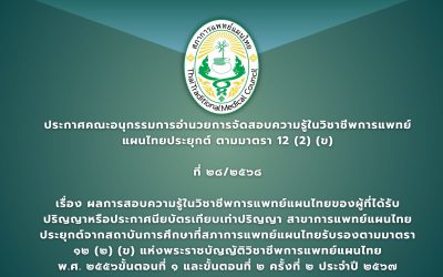 ประกาศคณะอนุกรรมการอำนวยการจัดสอบความรู้ในวิชาชีพการแพทย์แผนไทยประยุกต์ ตามมาตรา ๑๒ (๒) (ข) ที่ ๒๘/๒๕๖๘ เรื่อง ผลการสอบความรู้ในวิชาชีพการแพทย์แผนไทยของผู้ที่ได้รับปริญญาหรือประกาศนียบัตรเทียบเท่าปริญญา สาขาการแพทย์แผนไทยประยุกต์จากสถาบันการศึกษาที่สภาการแพทย์แผนไทยรับรอง ตามมาตรา ๑๒ (๒) (ข) แห่งพระราชบัญญัติวิชาชีพการแพทย์แผนไทย พ.ศ. ๒๕๕๖ ขั้นตอนที่ ๑ – ๒ ครั้งที่ ๒ ประจำปี ๒๕๖๗