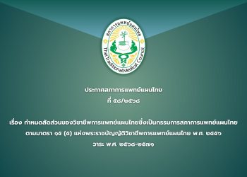 ประกาศสภาการแพทย์แผนไทย ฉบับที่ ๕๘/๒๕๖๘ เรื่อง กำหนดการสัดส่วนวิชาชีพการแพทย์แผนไทยซึ่งเป็นกรรมการสภาการแพทย์แผนไทยตามมาตรา ๑๕ (๕) แห่งพระราชบัญญัติวิชาชีพการแพทย์แผนไทย พ.ศ. ๒๕๕๖ วาระ พ.ศ. ๒๕๖๘-๒๕๗๑