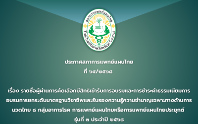 ประกาศสภาการแพทย์แผนไทยที่ ๖๔/๒๕๖๘ เรื่อง รายชื่อผู้ผ่านการคัดเลือกมีสิทธิเข้ารับการอบรมและการชำระค่าธรรมเนียมการอบรมการยกระดับมาตรฐานวิชาชีพและรับรองความรู้ความชำนาญเฉพาะทางด้านการนวดไทย ๘ กลุ่มอาการโรค การแพทย์แผนไทยหรือการแพทย์แผนไทยประยุกต์ รุ่นที่ ๓ ประจำปี ๒๕๖๘