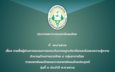 ประกาศสภาการแพทย์แผนไทย  ที่  ๗๑/๒๕๖๘ เรื่อง รายชื่อผู้ผ่านการอบรมการยกระดับมาตรฐานวิชาชีพและรับรองความรู้ความชำนาญด้านการนวดไทย ๘ กลุ่มอาการโรค  การแพทย์แผนไทยและการแพทย์แผนไทยประยุกต์ รุ่นที่ ๓ ประจำปี พ.ศ.๒๕๖๘