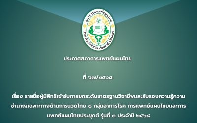 ประกาศสภาการแพทย์แผนไทย ที่ ๖๗/๒๕๖๘ เรื่อง รายชื่อผู้มีสิทธิเข้ารับการยกระดับมาตรฐานวิชาชีพและรับรองความรู้ความชำนาญเฉพาะทางด้านการนวดไทย ๘ กลุ่มอาการโรค การแพทย์แผนไทยและการแพทย์แผนไทยประยุกต์ รุ่นที่ ๓ ประจำปี ๒๕๖๘