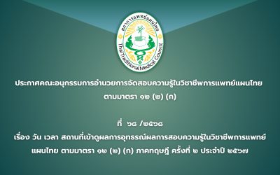 ประกาศคณะอนุกรรมการอำนวยการจัดสอบความรู้ในวิชาชีพการแพทย์แผนไทยตามมาตรา ๑๒ (๒) (ก) ที่  ๖๘ /๒๕๖๘ เรื่อง วัน เวลา สถานที่เข้าดูผลการอุทธรณ์ผลการสอบความรู้ในวิชาชีพการแพทย์แผนไทย ตามมาตรา ๑๒ (๒) (ก) ภาคทฤษฎี ครั้งที่ ๒ ประจำปี ๒๕๖๗